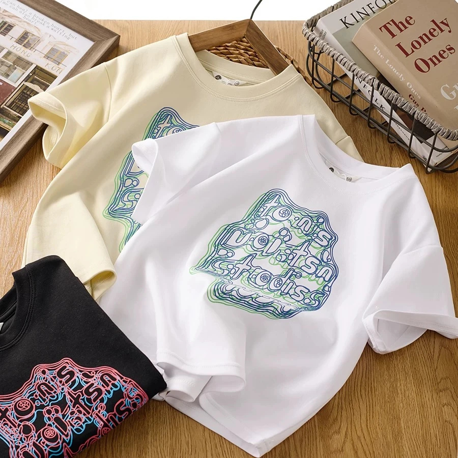 24XS05男童女童t恤短袖2025新款美式复古印花炸街潮牌中大童