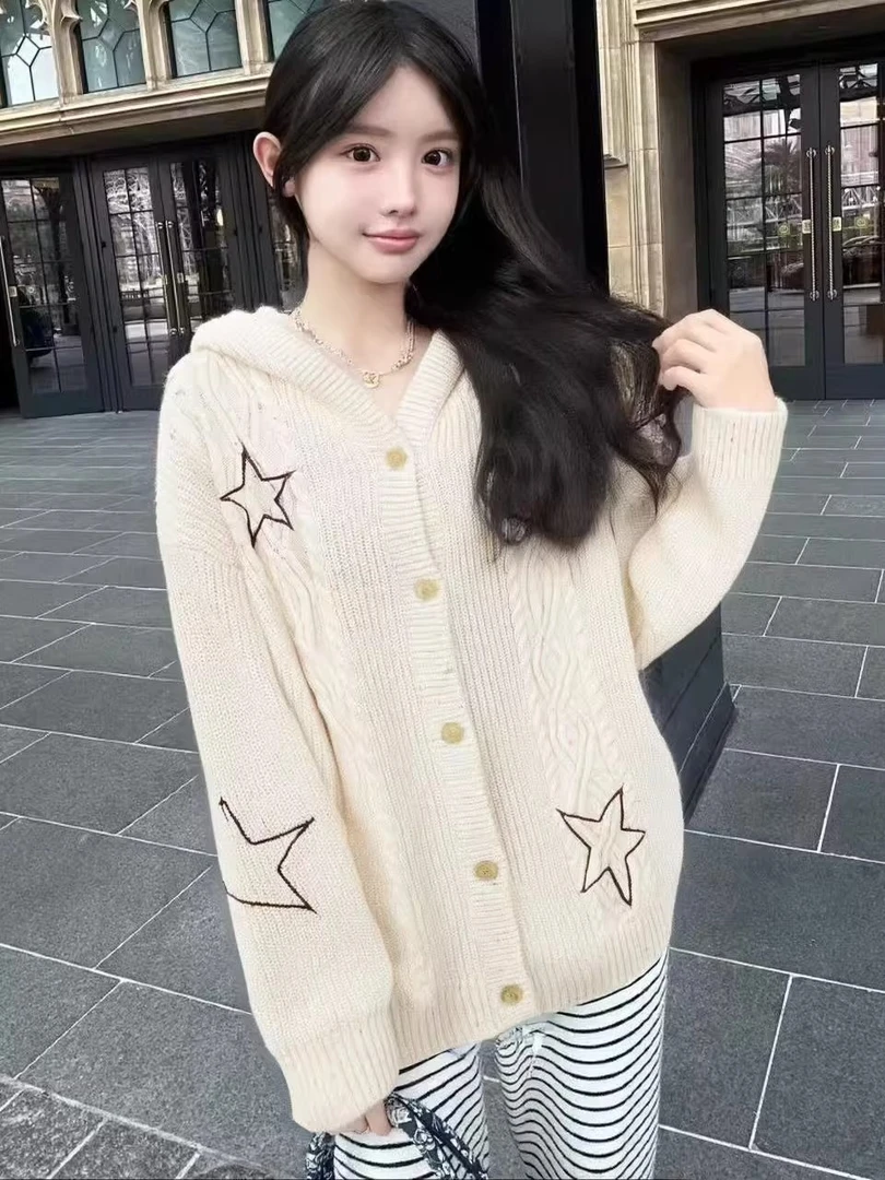 韩系慵懒风星星刺绣连帽开衫毛衣女秋冬季高级感宽松百搭针织外套