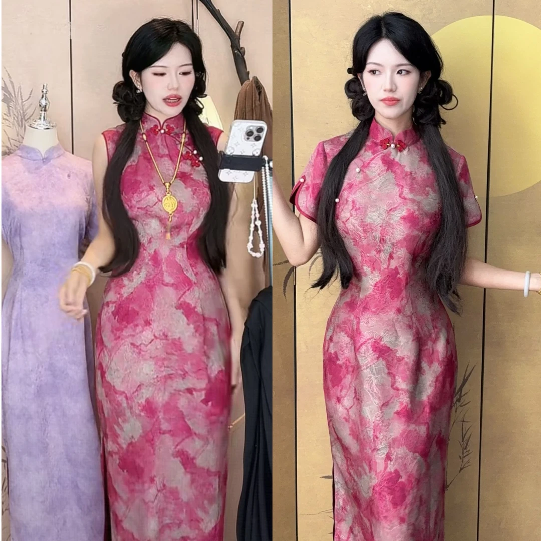 LHMknk1活动画报夫人原创自制国风萝孔改良新中式旗袍 晕染夕阳