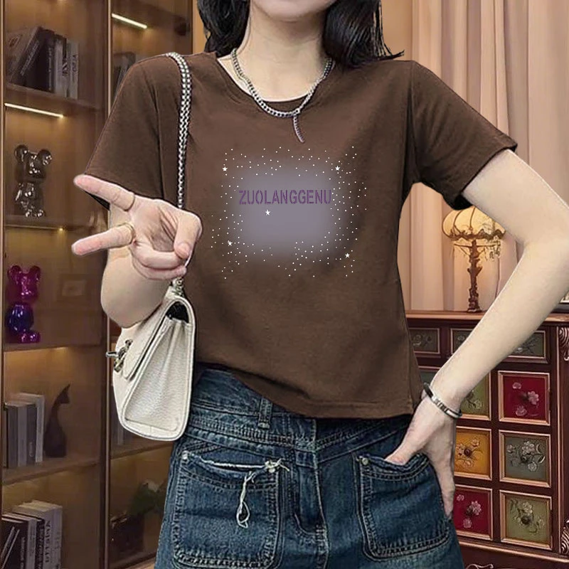 夏季高腰显瘦短款圆领上衣女2025新款纯棉薄款小个子印花短袖t恤