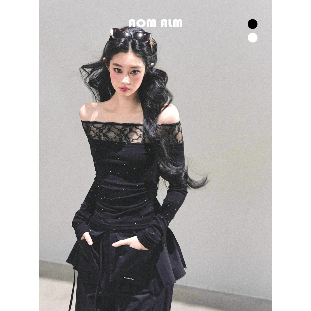 Aomalm少也眼"空白的余温"%一字肩长袖蕾丝波点T恤女秋冬辣妹上衣