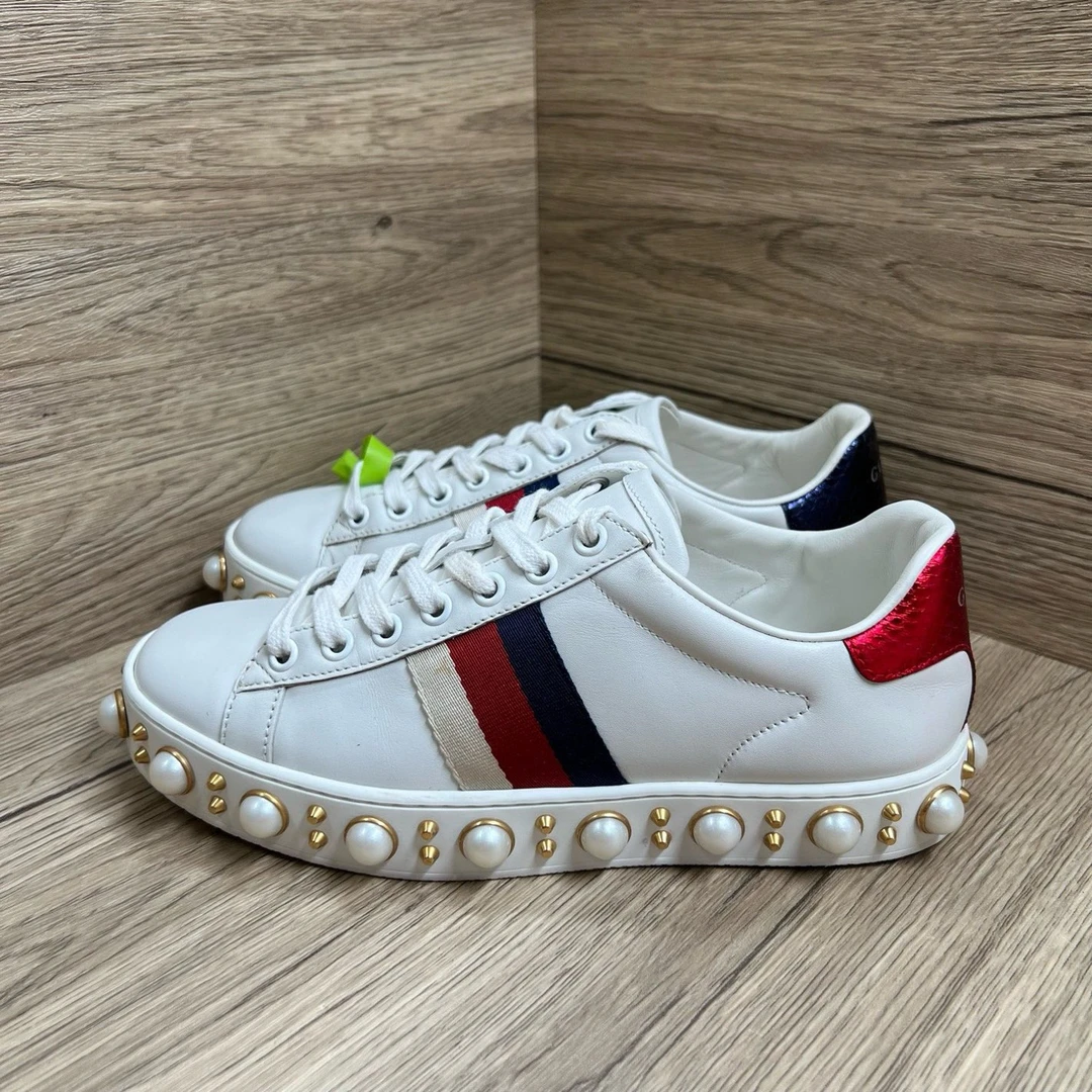 95新 GUCCI/古驰 Ace 珍珠铆钉小白鞋 34.5码/98新