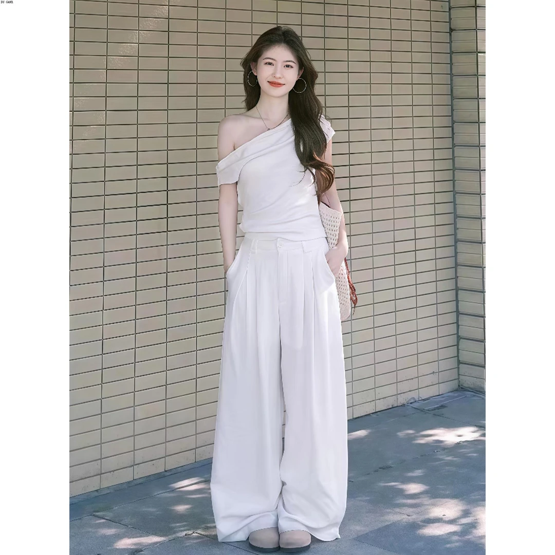 清纯系气质显瘦2025夏季新款白色露肩上衣垂感阔腿裤两件套装女