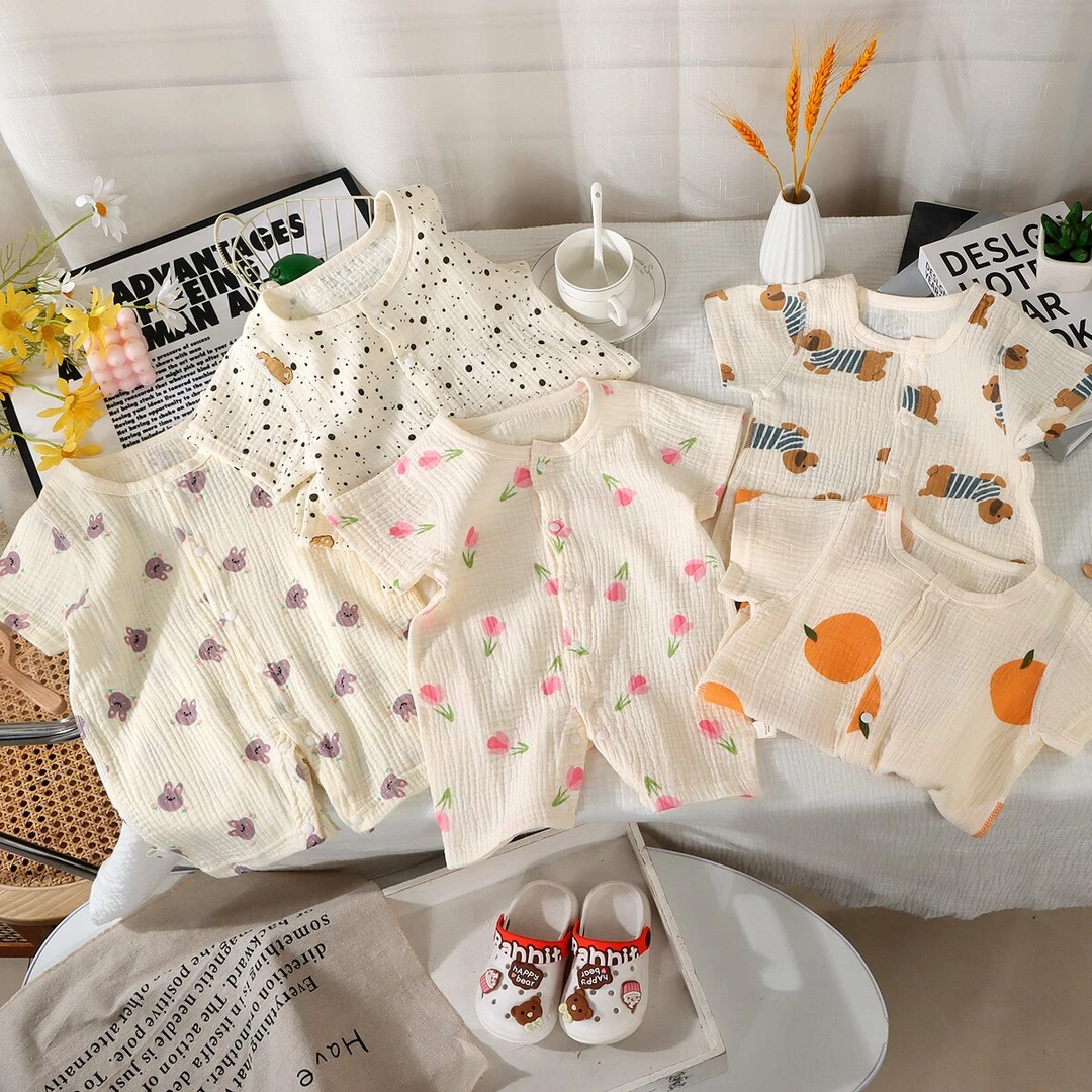 【厂家主推.无骨纯棉爬服+现货】婴幼儿夏款双层棉纱短袖哈衣睡衣