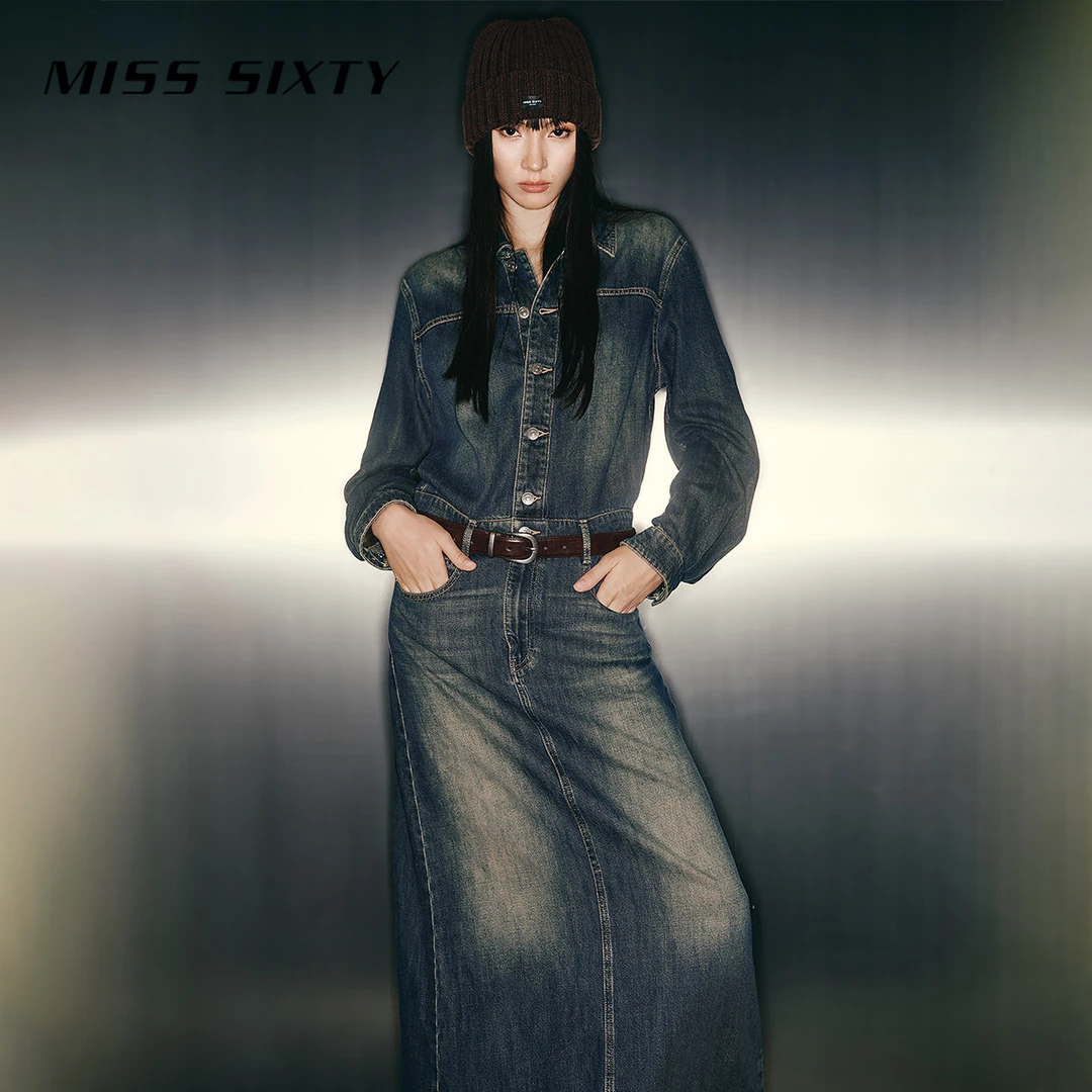 Miss Sixty新款牛仔连衣裙女含天丝长袖美式复古后开衩流光风