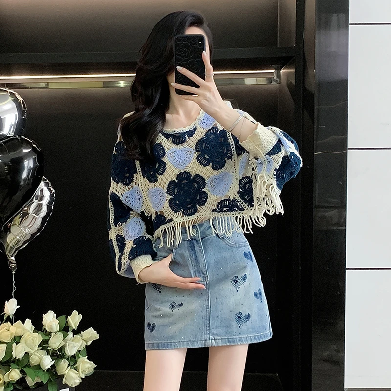 长袖镂空针织衫女春夏2025年新款美式复古设计感百搭气质罩衫上衣