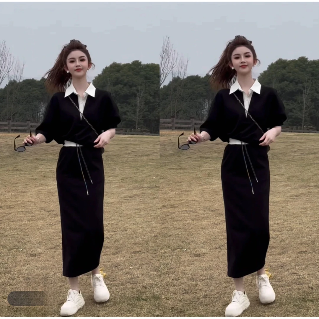 【留学日记】拼色领设计休闲学院风简约V领卫衣高腰半裙休闲套装