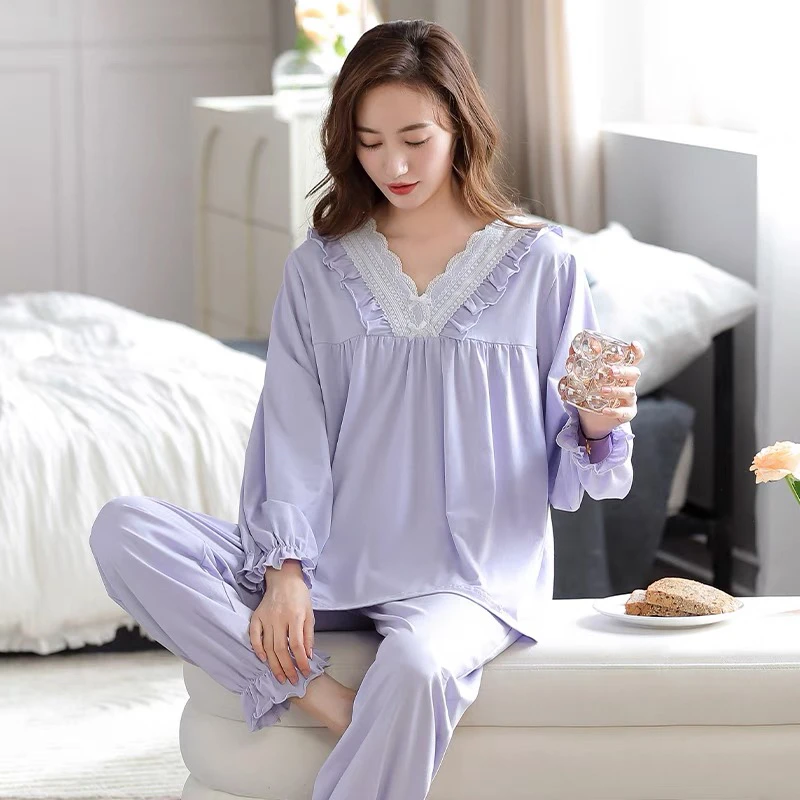 睡衣女春秋公主风花边长袖套装甜美可外穿网红家居服