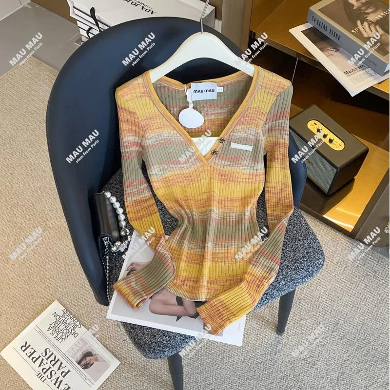 现货 2025新款轻奢假两件拼接条纹长袖针织衫 DY9166