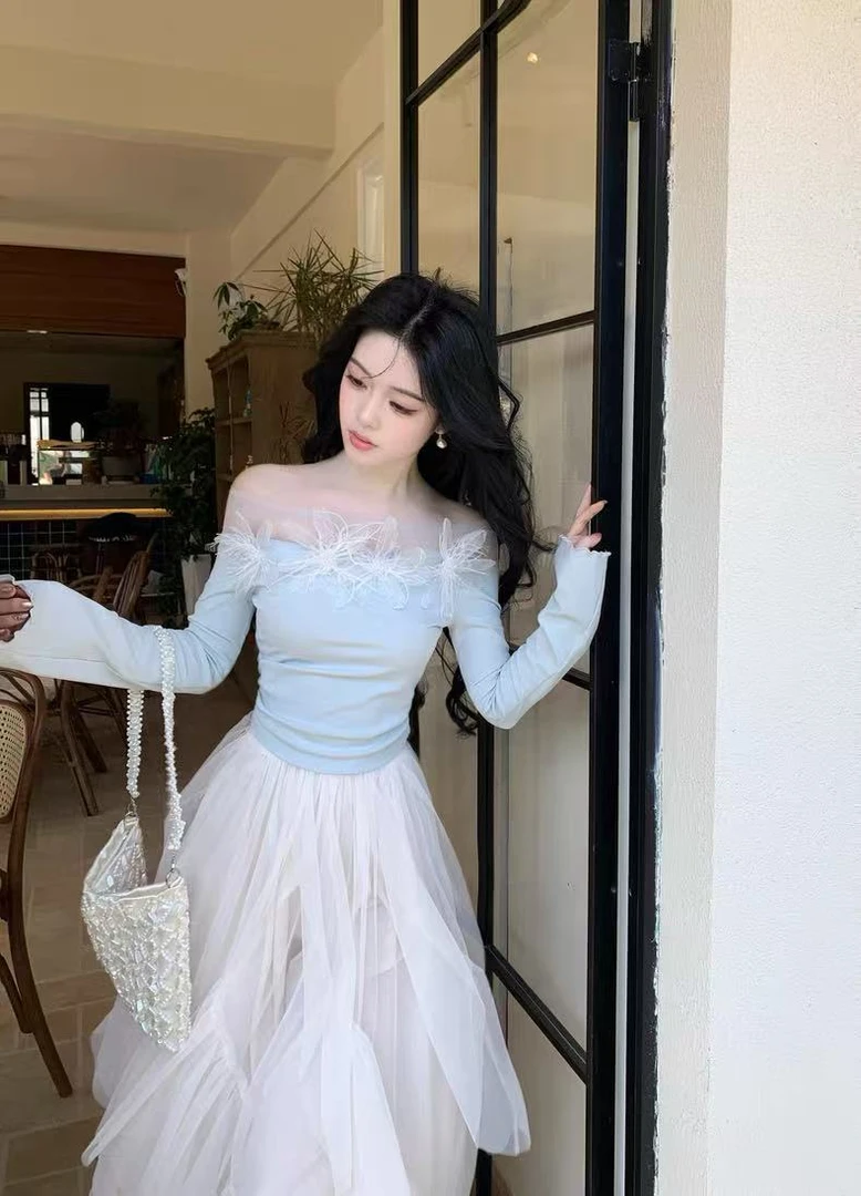 冰昙栖羽 气质纯欲感长袖上衣+不规则拼接网纱半身裙两件套