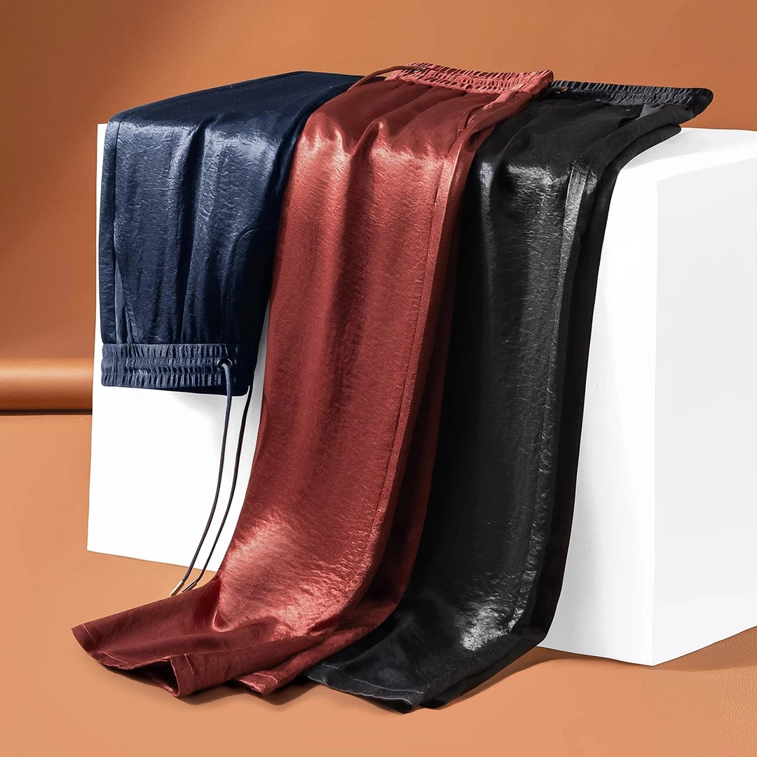 夏季真丝般垂顺抗皱冰丝醋酸裤子男士纯色宽松微阔运动直筒休闲裤