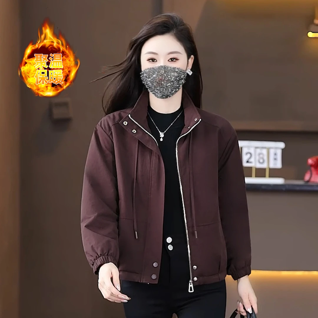 2025冬季新款休闲风夹棉翻领短外套女保暖宽松显瘦拉链短款夹克女