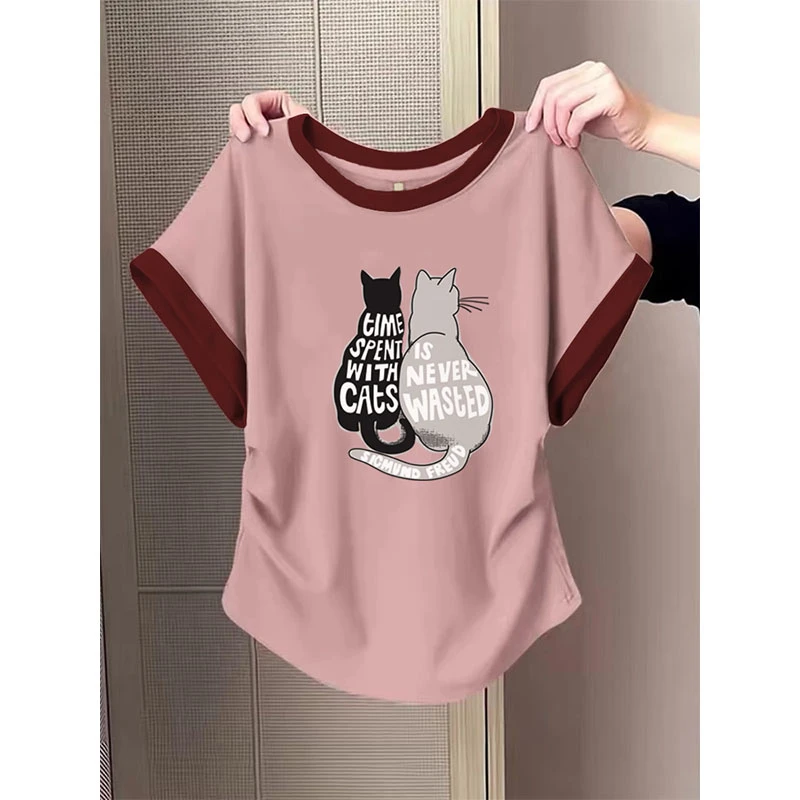 小飞袖正肩短袖t恤女拼色设计感小众收腰显瘦上衣2025夏季新款潮