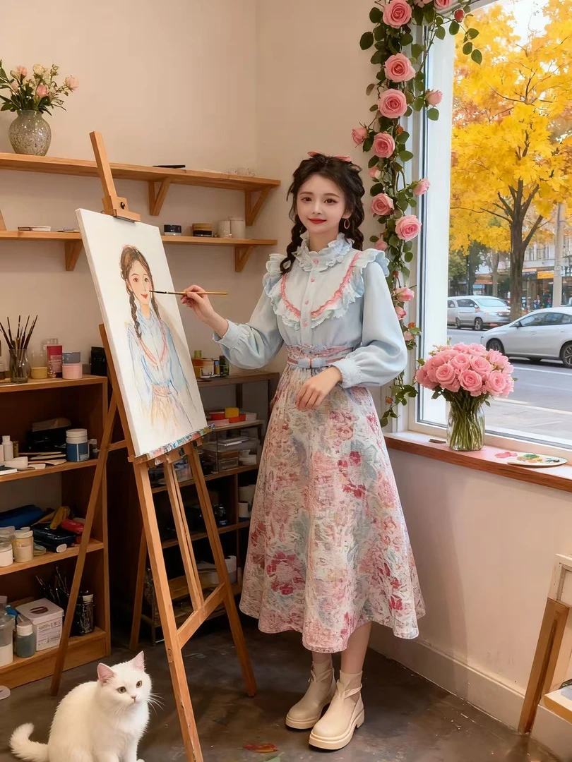 【运补6】】677-3#秋冬新款温柔气质加厚蓝色衬衫女高腰半身裙两件套