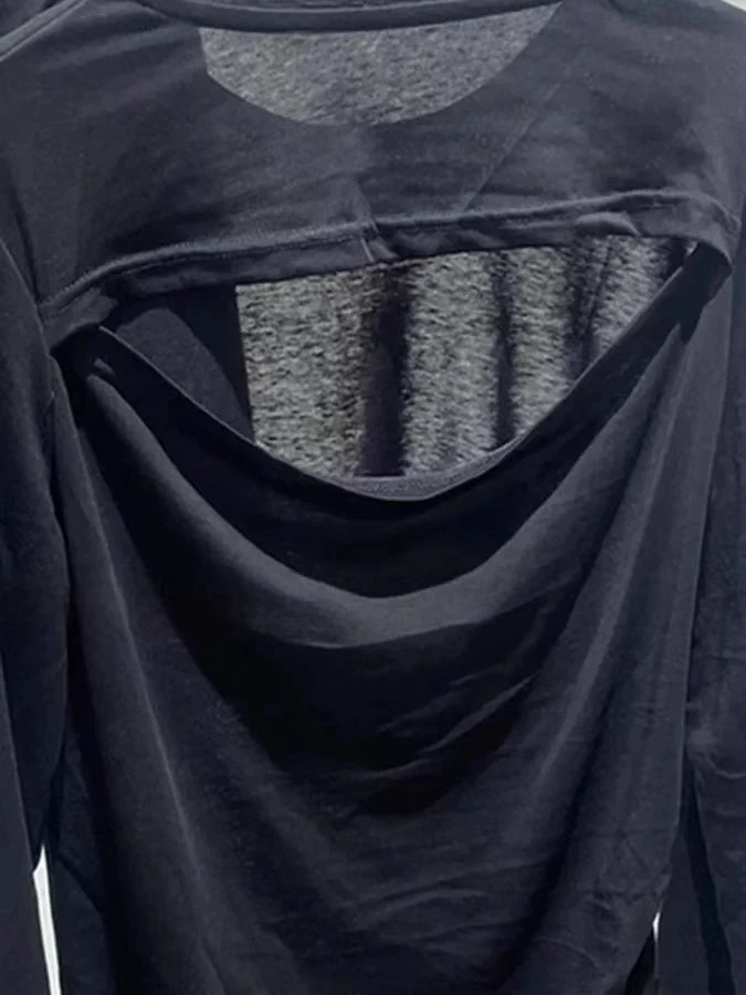 多巴胺服装女黑色简约长袖露背T恤新款设计独特时尚显瘦宽松上衣