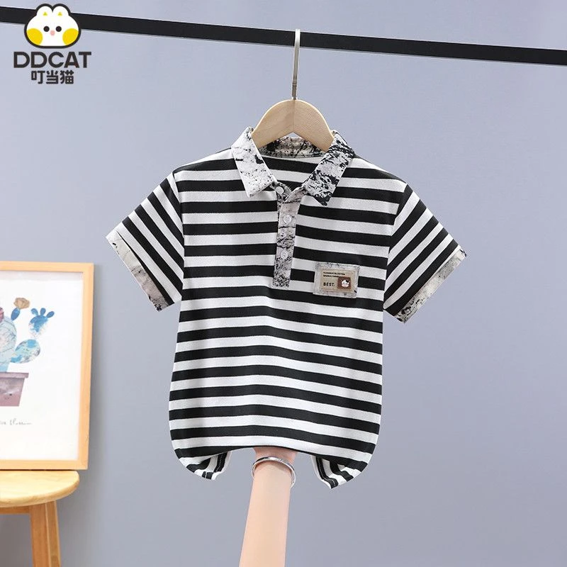 叮当猫男童短袖T恤夏装2025新款洋气中大童男孩条纹polo衫上衣潮