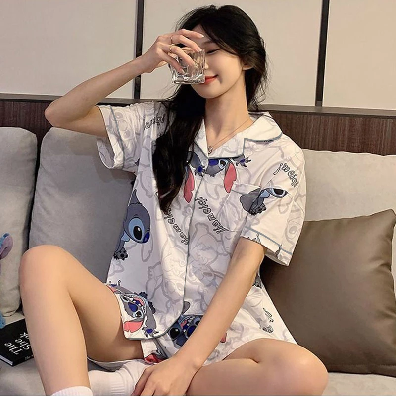 酷萌史迪仔睡衣女夏季动漫卡通春短袖三件套宽松大码可外穿家居服