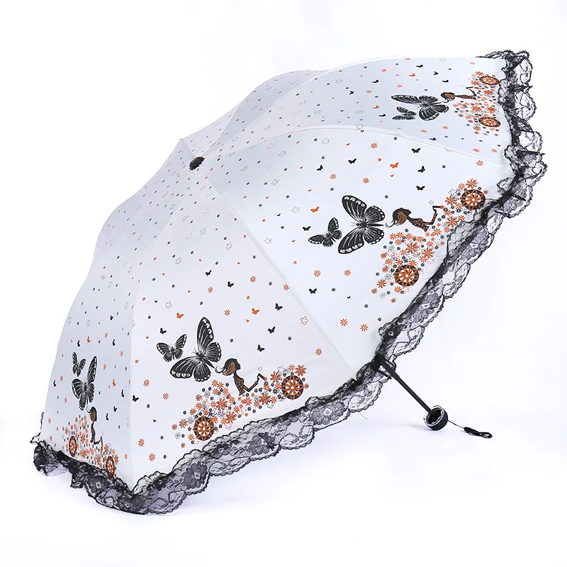 新颖潮流梦幻花朵样式三折叠黑胶防紫外线实用晴雨两用遮阳伞两用