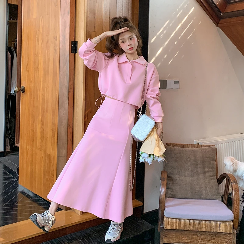 粉色韩系氛围感运动风卫衣套装裙女2025春季新款高腰半身裙两件套