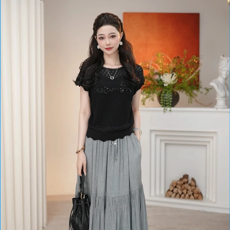 阿玛施春夏新款时尚T恤上衣气质百搭镂空花纹显显瘦春夏针织T恤