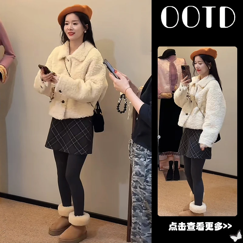 超火秋季穿搭一整套女2025新款韩版翻领外套蕾丝打底衫短裙三件套