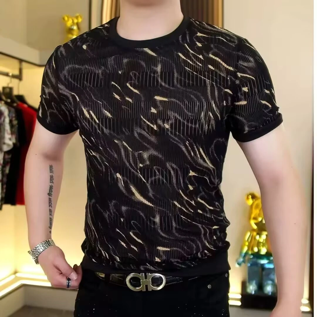 【奥莱折扣】夏季男士潮流休闲百搭高品质轻奢薄款弹力半袖印花t