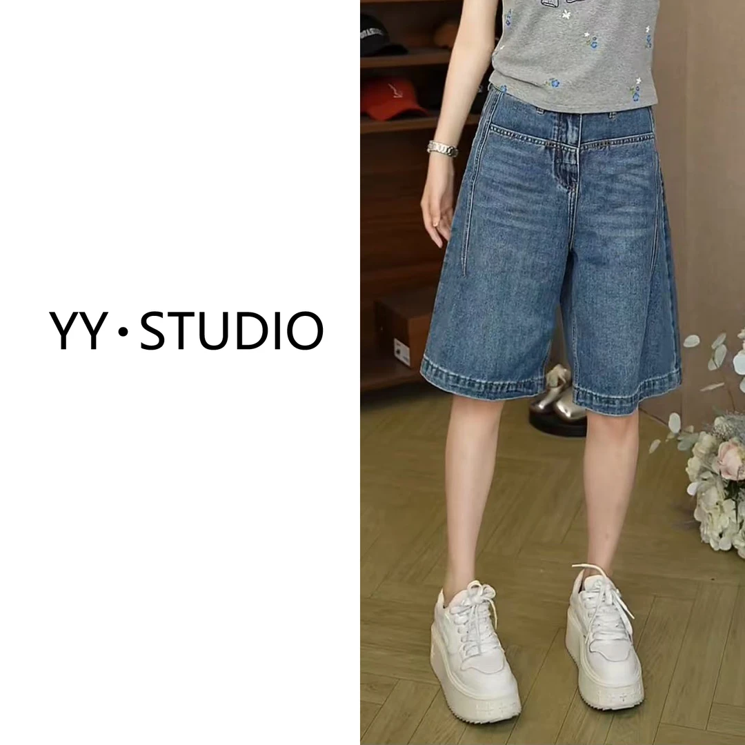 F【两个大口袋】2025夏新品高腰宽松显瘦卡通刺绣阔腿牛仔五分裤女