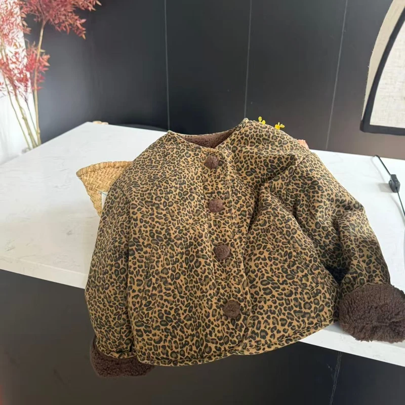 leomama女童豹纹双面加厚冬装棉服2025儿童洋气百搭棉袄时尚外套