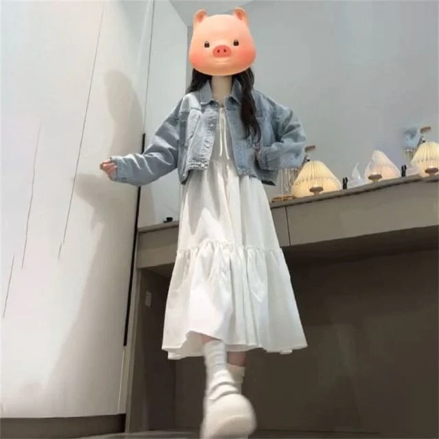 韩系甜美温柔学院风蓝色短款牛仔外套女学生叠穿吊带连衣裙两件套