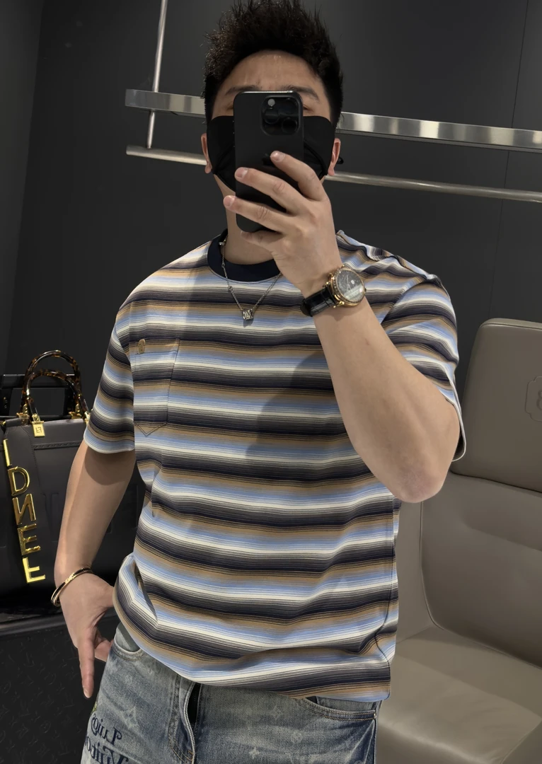 【马哥严选】美式条纹撞色潮流男士休闲短袖百搭圆领半袖时尚T恤