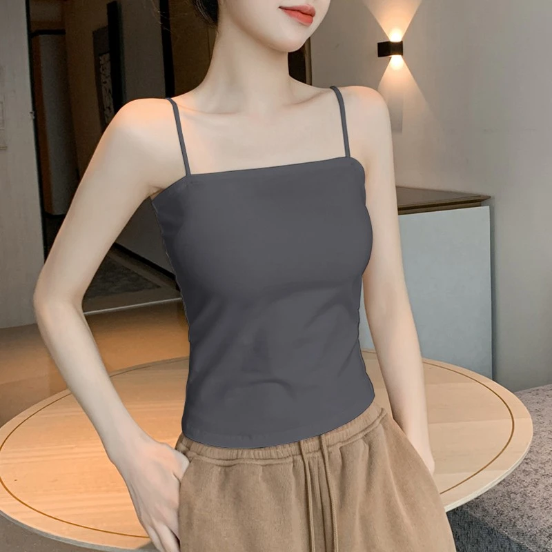 黑色小吊带背心女内搭春夏外穿法式带胸垫美背一字肩打底纯棉上衣