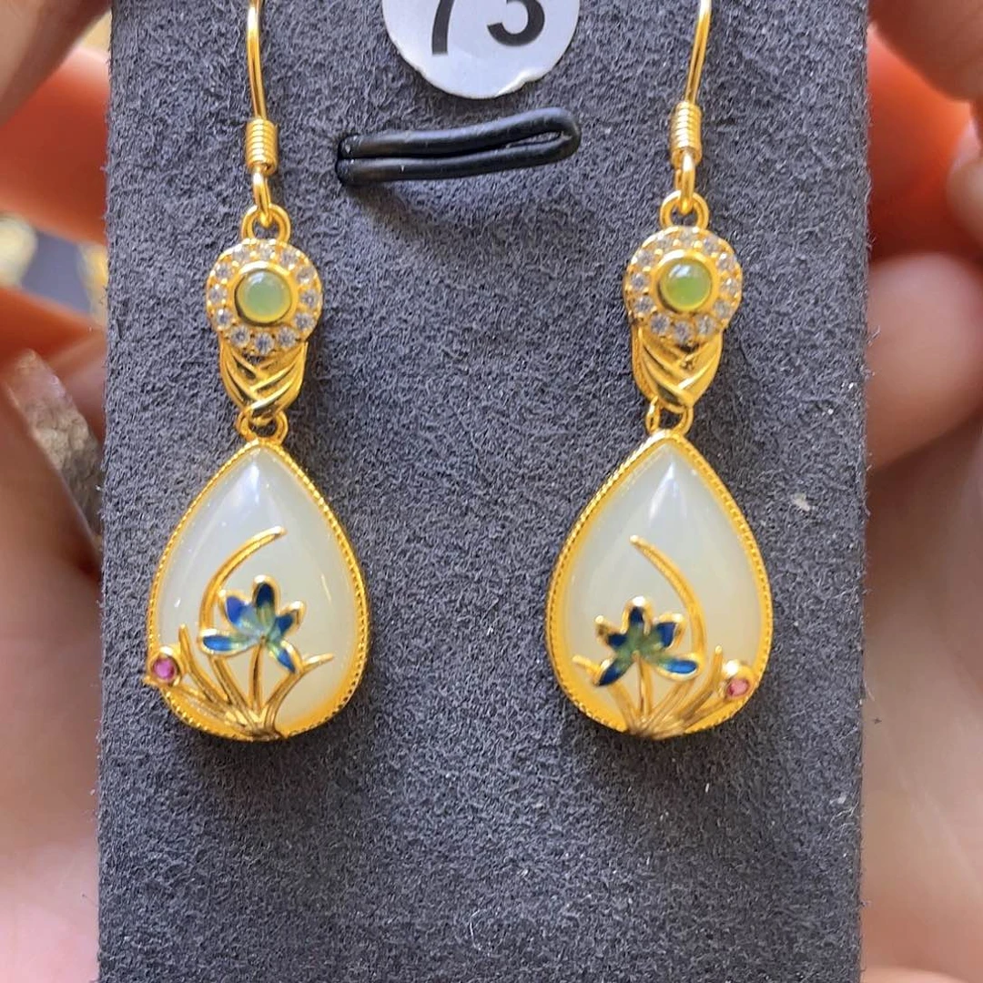 和田玉银S925镀金镶嵌耳饰