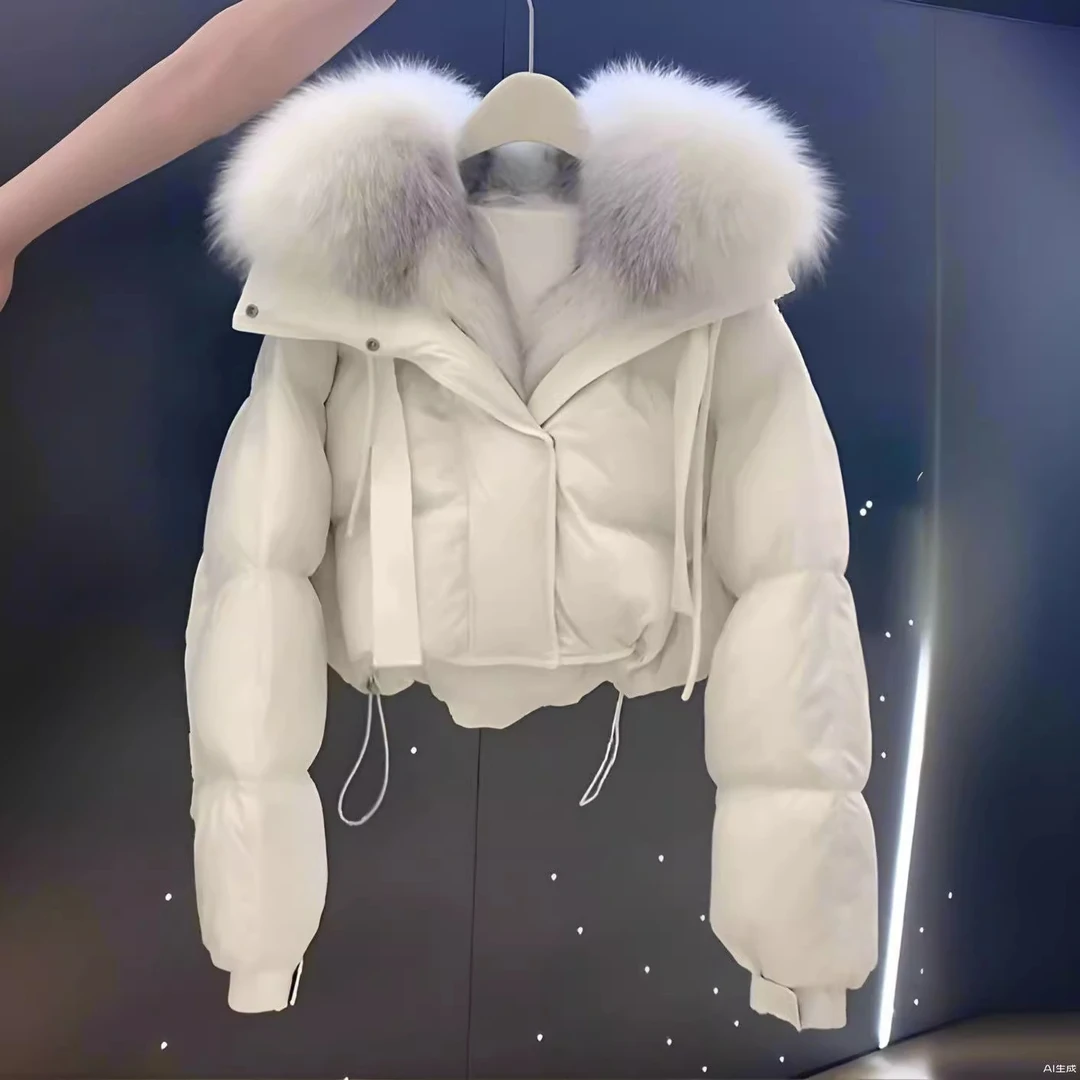 高级感白色大毛领工装派克棉衣棉服冬季连帽修身显瘦短款保暖外套