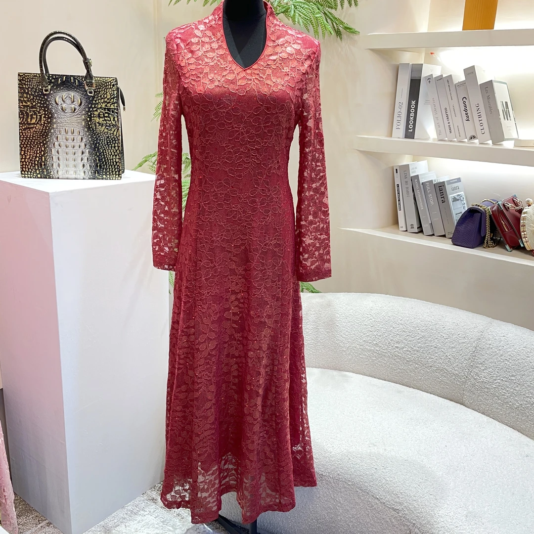 【192-6219E-03】台湾品牌女装喜庆刺绣亮片蕾丝连衣裙—尚家