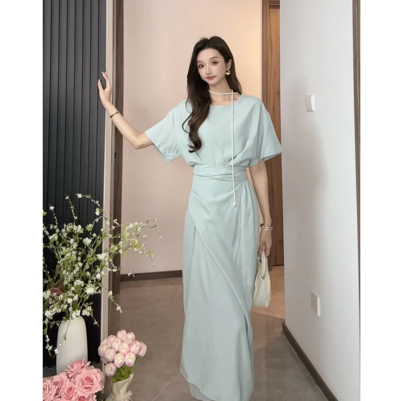 【LANGZI]法式设计感连衣裙夏季不规则系带收腰气质显瘦长裙6635