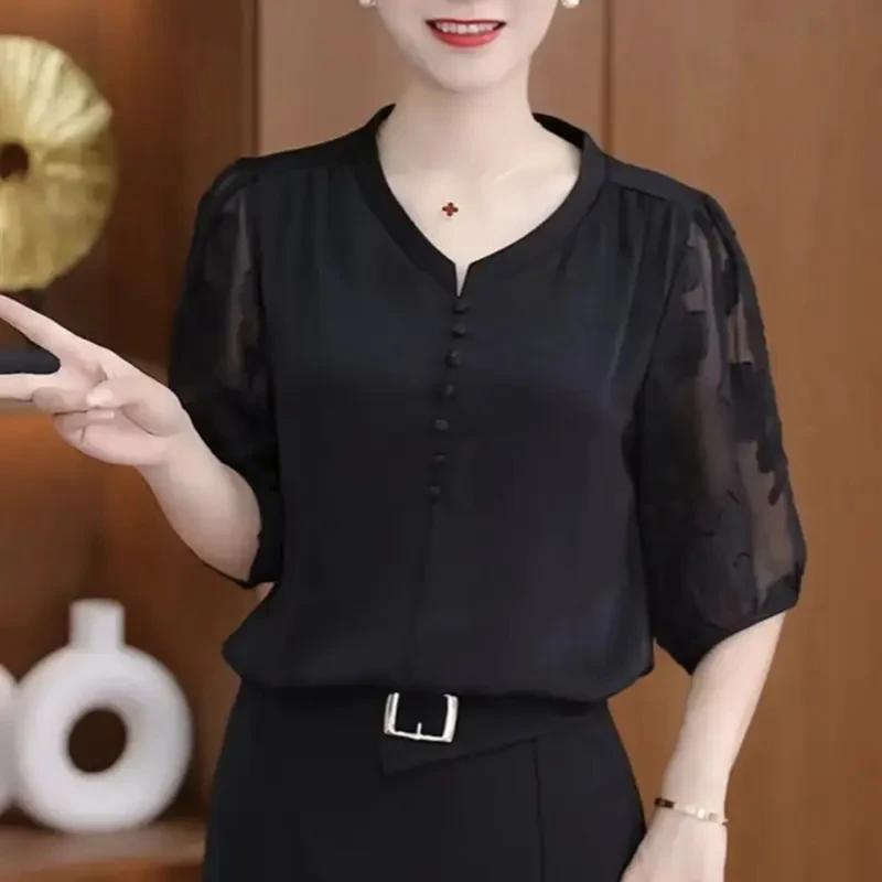 H 气质减龄洋气妈妈装修身显瘦夏季新款大码遮肚子中袖小衫上衣