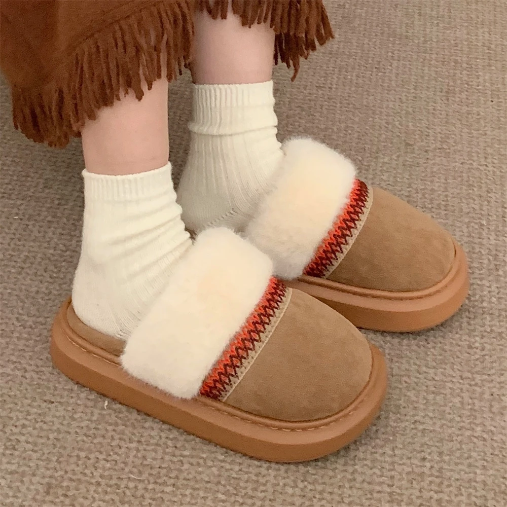 细细条 复古民族风学生棉拖鞋女加绒冬季软底外穿毛绒居家月子鞋