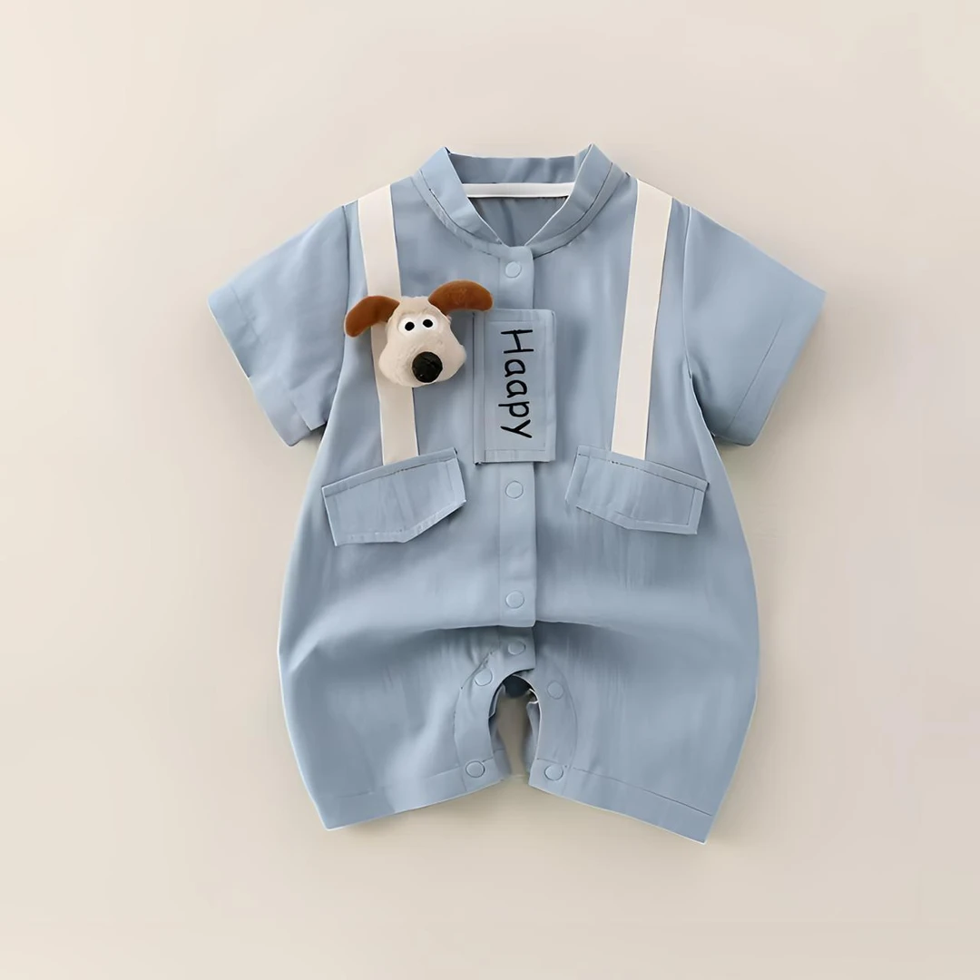 婴幼儿短袖薄款外出服超萌卡通蓝色宝宝连体衣婴儿连体衣夏新生儿