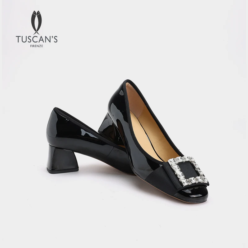 TUSCAN'S时尚气质漆皮方头粗跟中跟舒适女单鞋黑色时代双鱼
