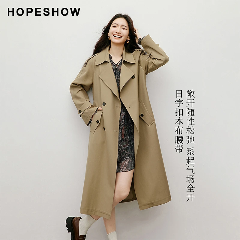 红袖2025秋新款女装 系带双排扣插肩袖翻驳领风衣外套90125280704