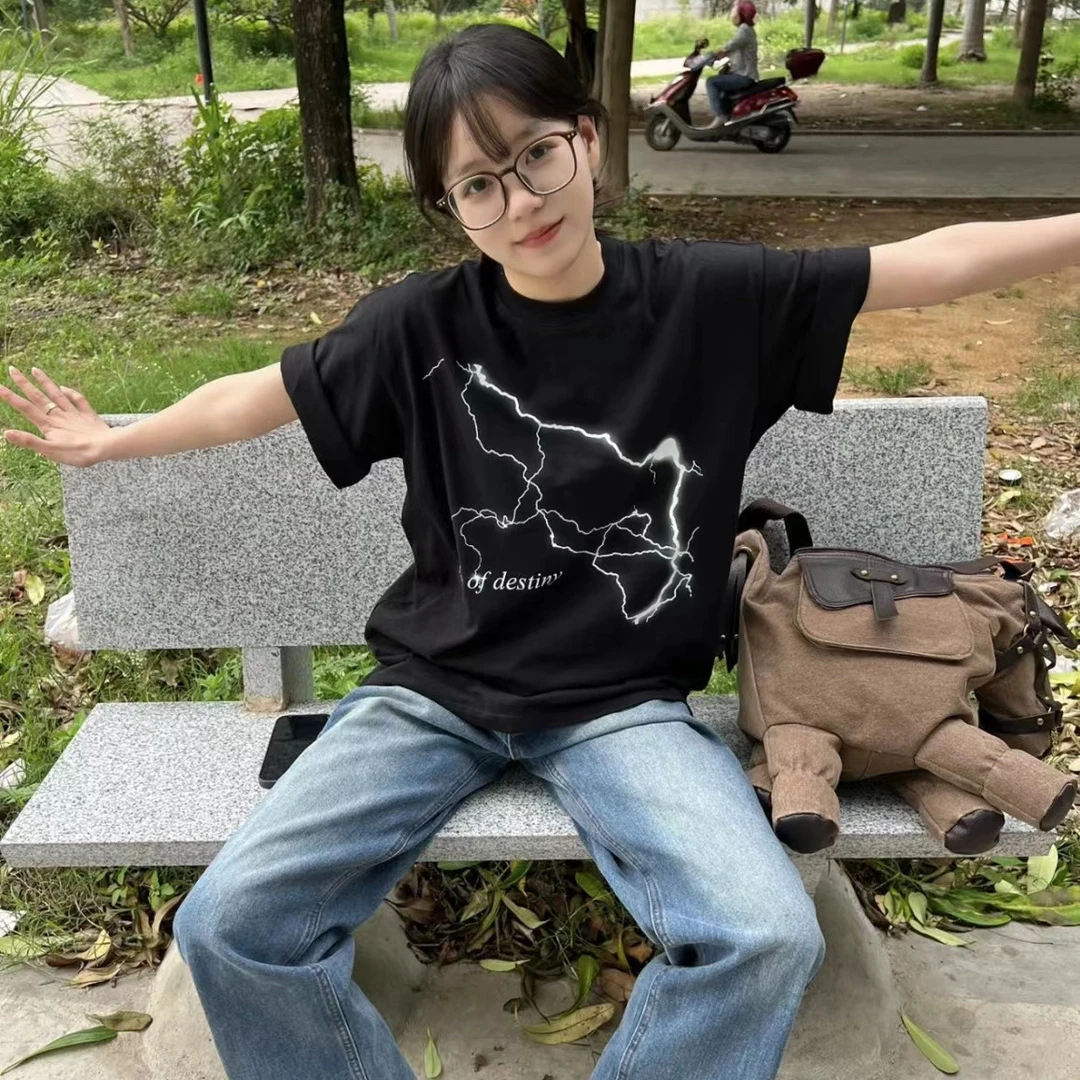 100%纯棉潮牌美式复古上衣短袖体恤女学生夏季小众圆领半袖百搭潮