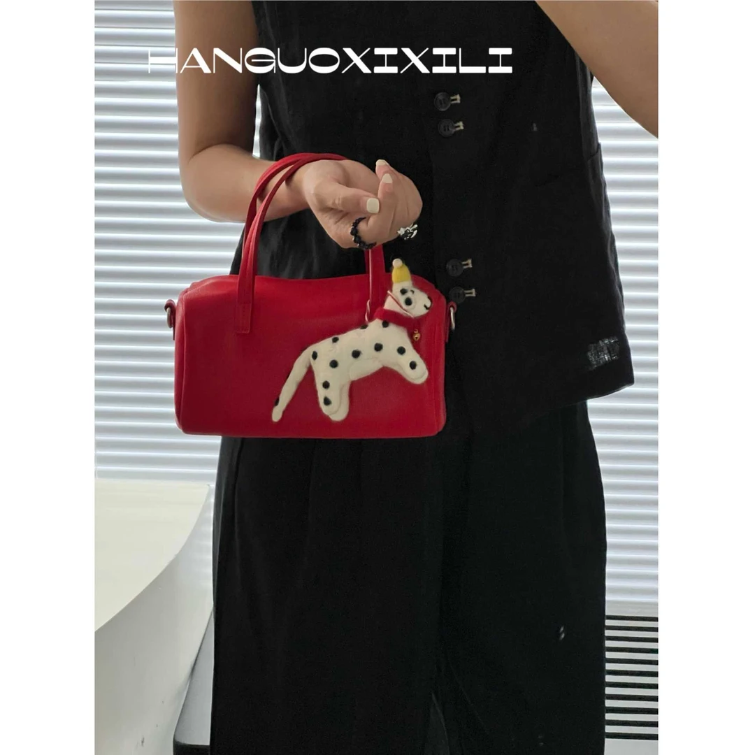 韩国西西里 小众高级感波士顿包手提包女2025新款红色斜挎小包包