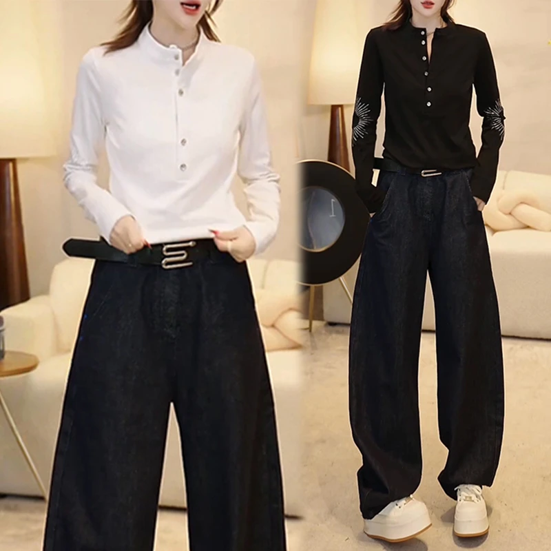 高级感休闲时尚套装女2025年春秋新款半开领长袖t恤阔腿裤两件套