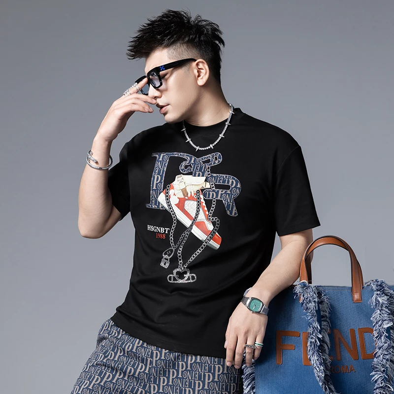 欧洲2025新款夏季短袖T恤男士潮牌百搭个性提花修身半袖体恤圆领