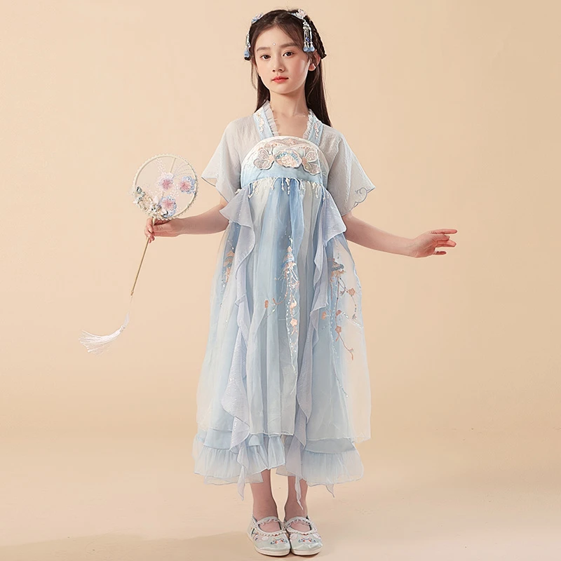 女童国风刺绣夏款汉服连衣裙小女孩夏季新款蓝色古风裙子儿童童装