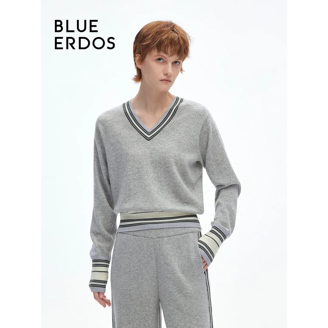 BLUE ERDOS春夏新品条纹收腰短款羊毛羊绒V领针织套衫B246A0064