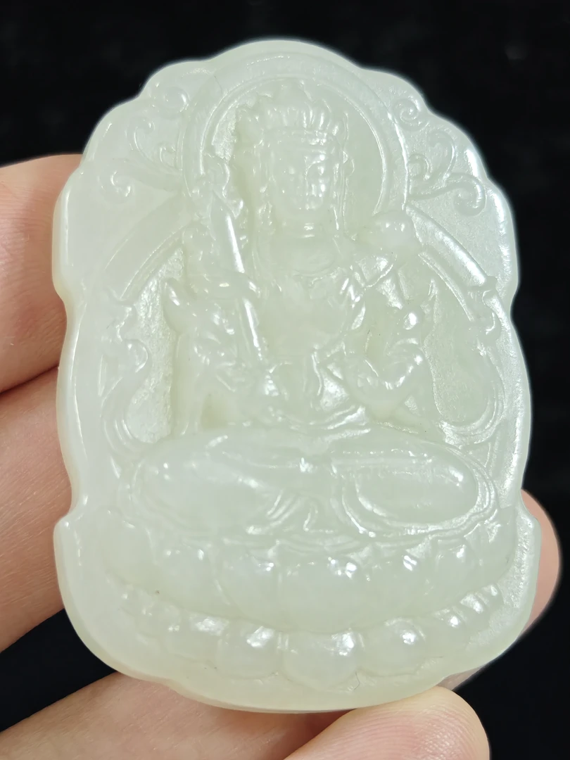 旧藏天然和田玉文殊菩萨玉牌挂件吊坠配饰39克53*40*9mm
