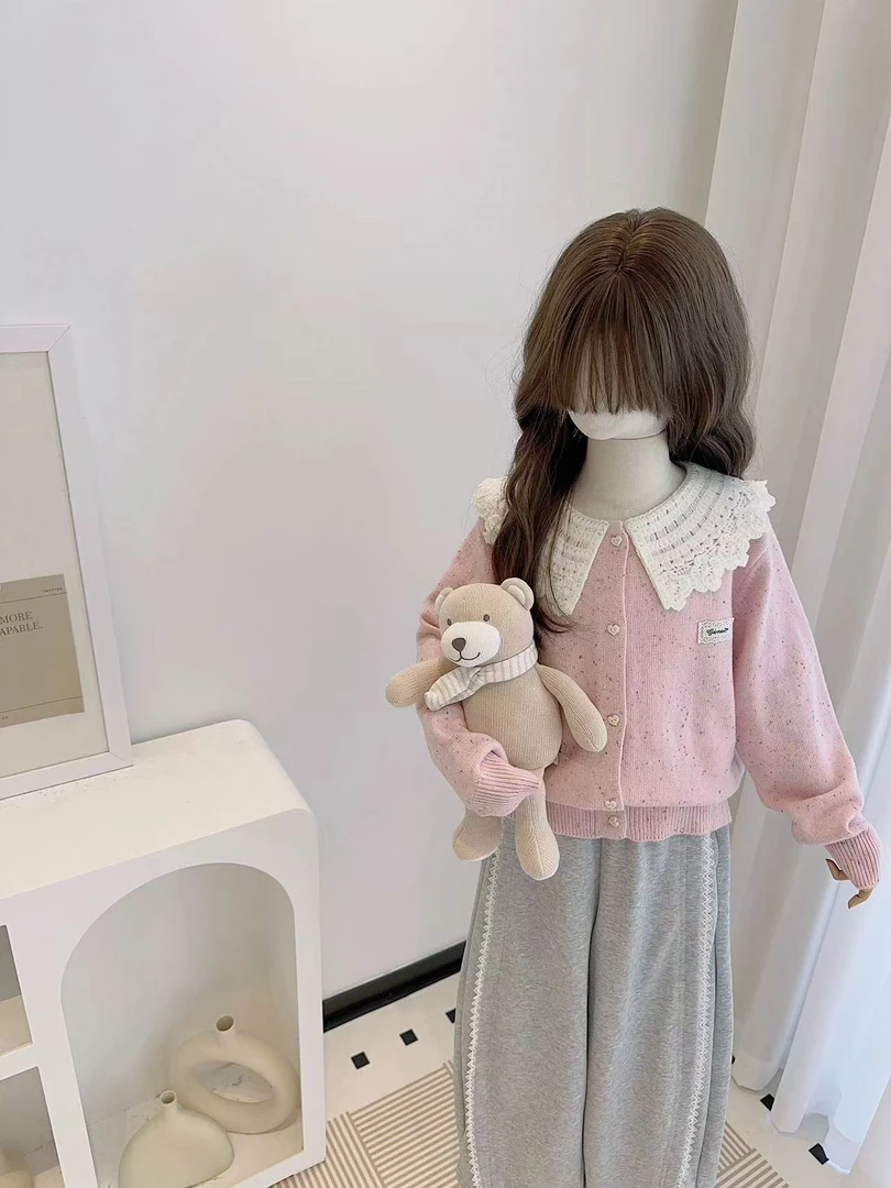 女童毛衣2025春秋新款蕾丝翻领韩版纯色针织开衫外套