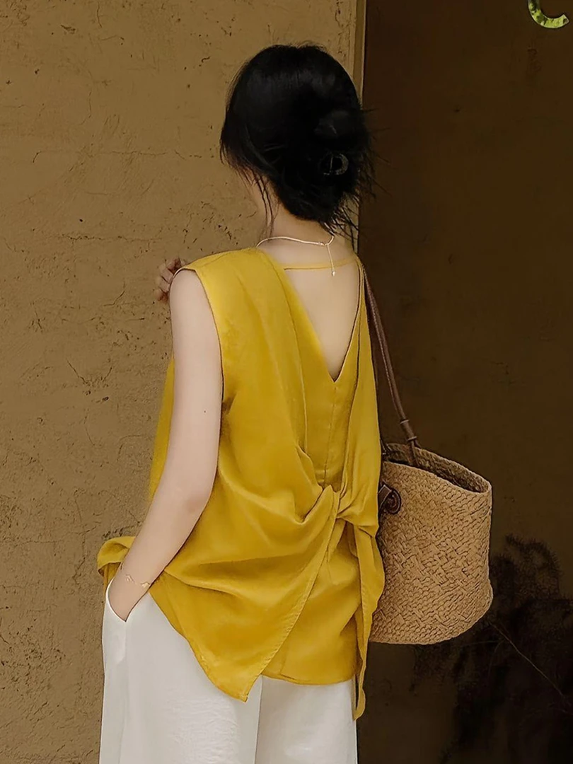 小众不撞衫V领无袖衬衣超好看洋气后背扭结黄色上衣女装夏季新款