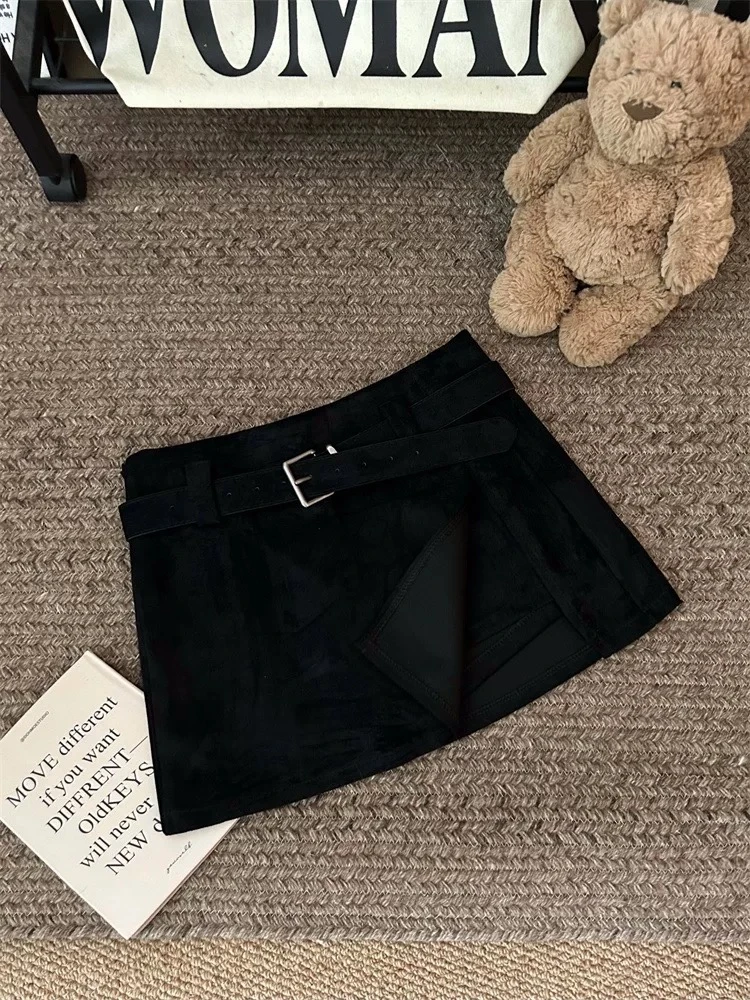 美式咖色鹿皮绒开叉半身裙女秋季高腰包臀裙子防走光裙裤a字短裙